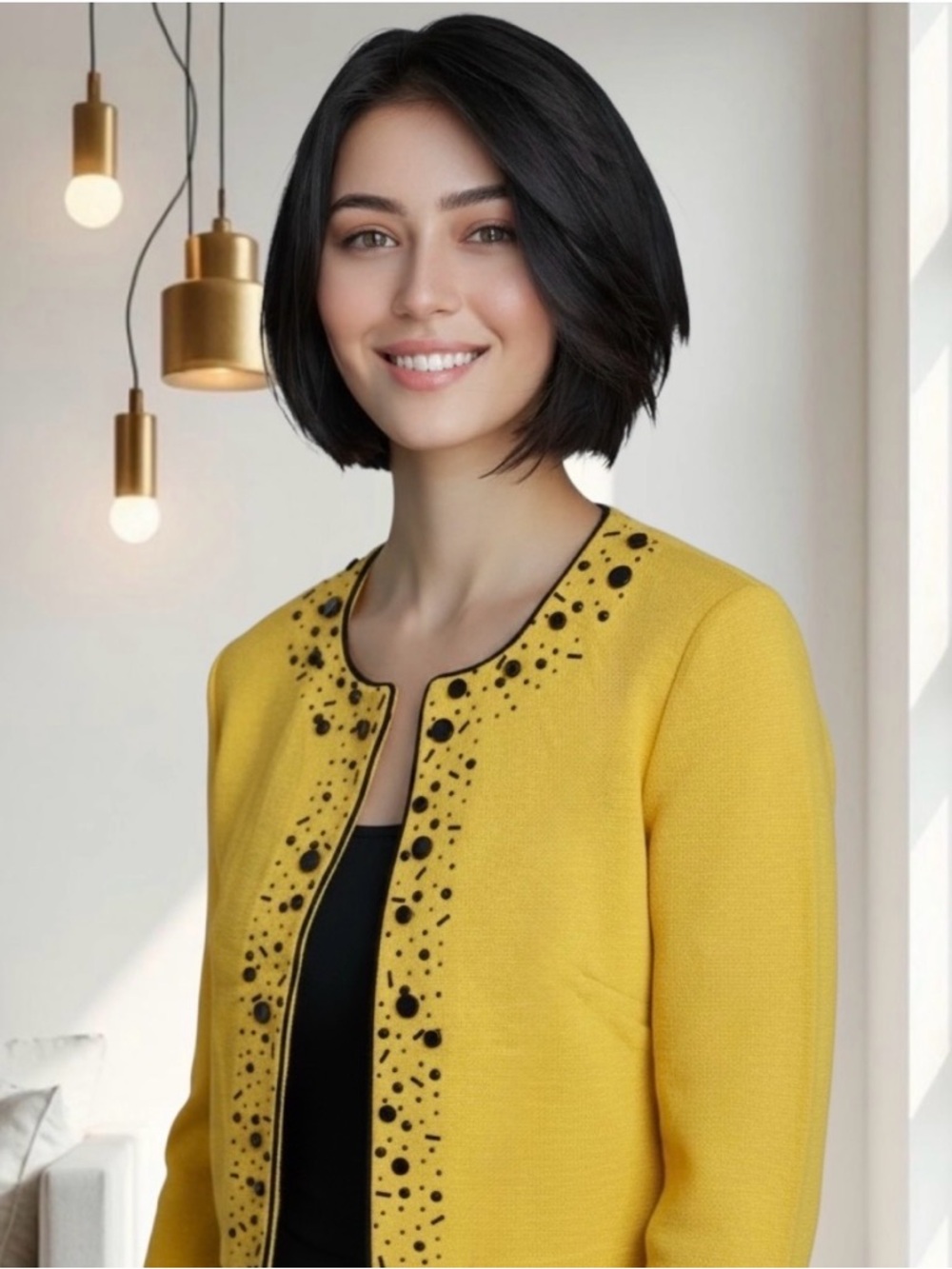 St. John Yellow Knit Jacket with Black Trim